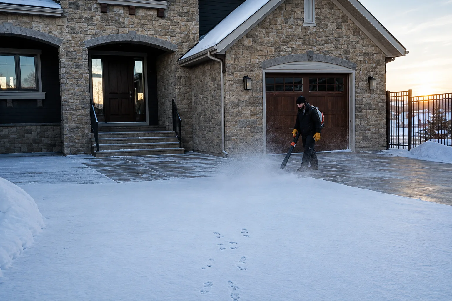 Somerset crew clearing a snow-covered driveway at sunset