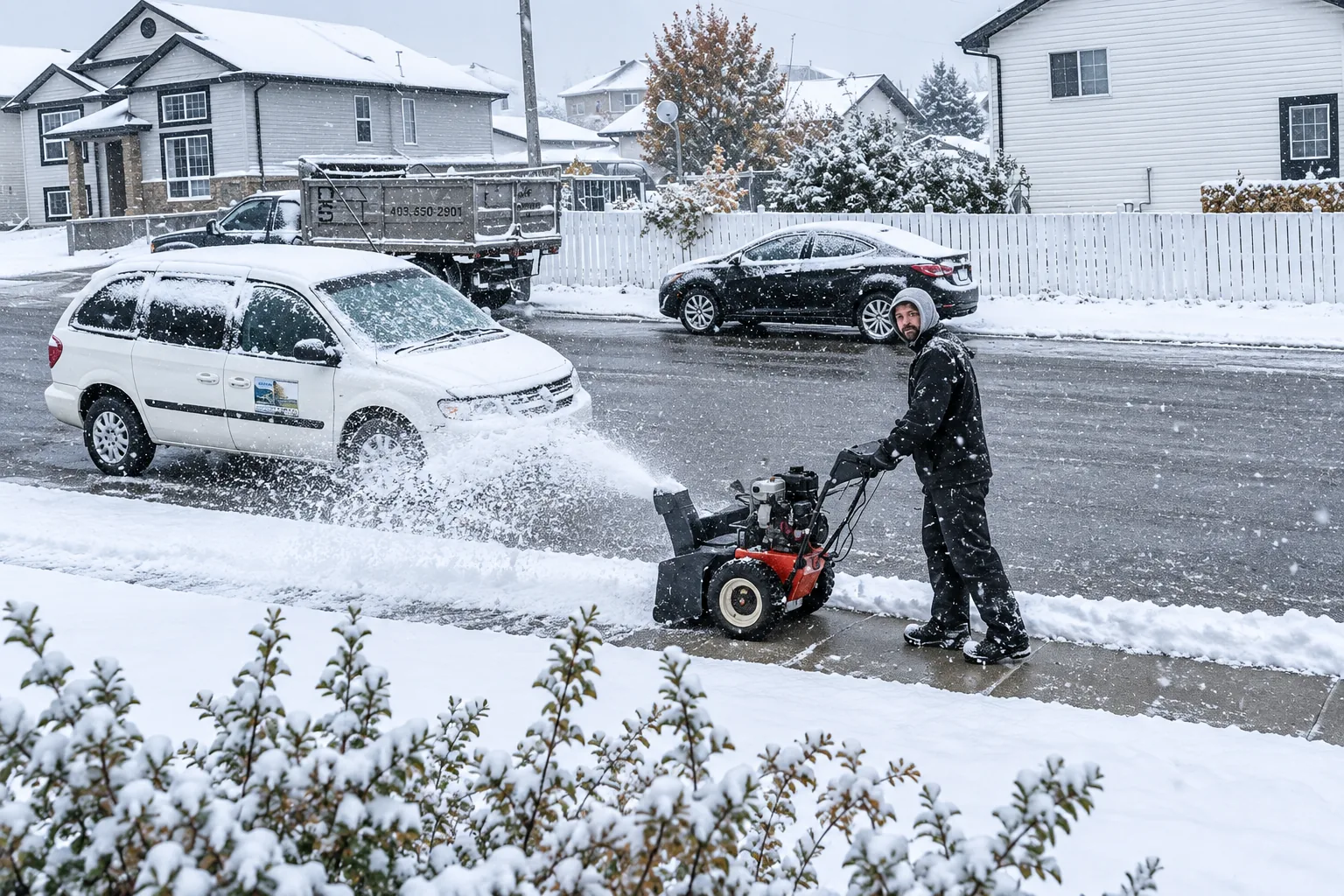 Snow blower clearing a Calgary sidewalk in southwest Calgary