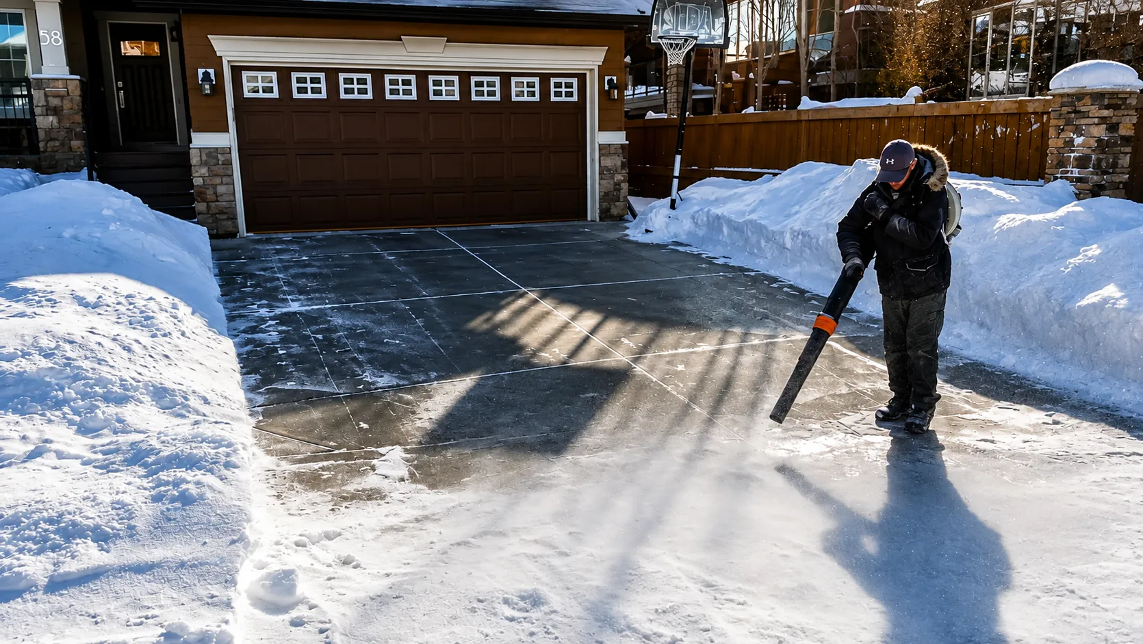Somerset crew clearing a snow-covered driveway at sunset