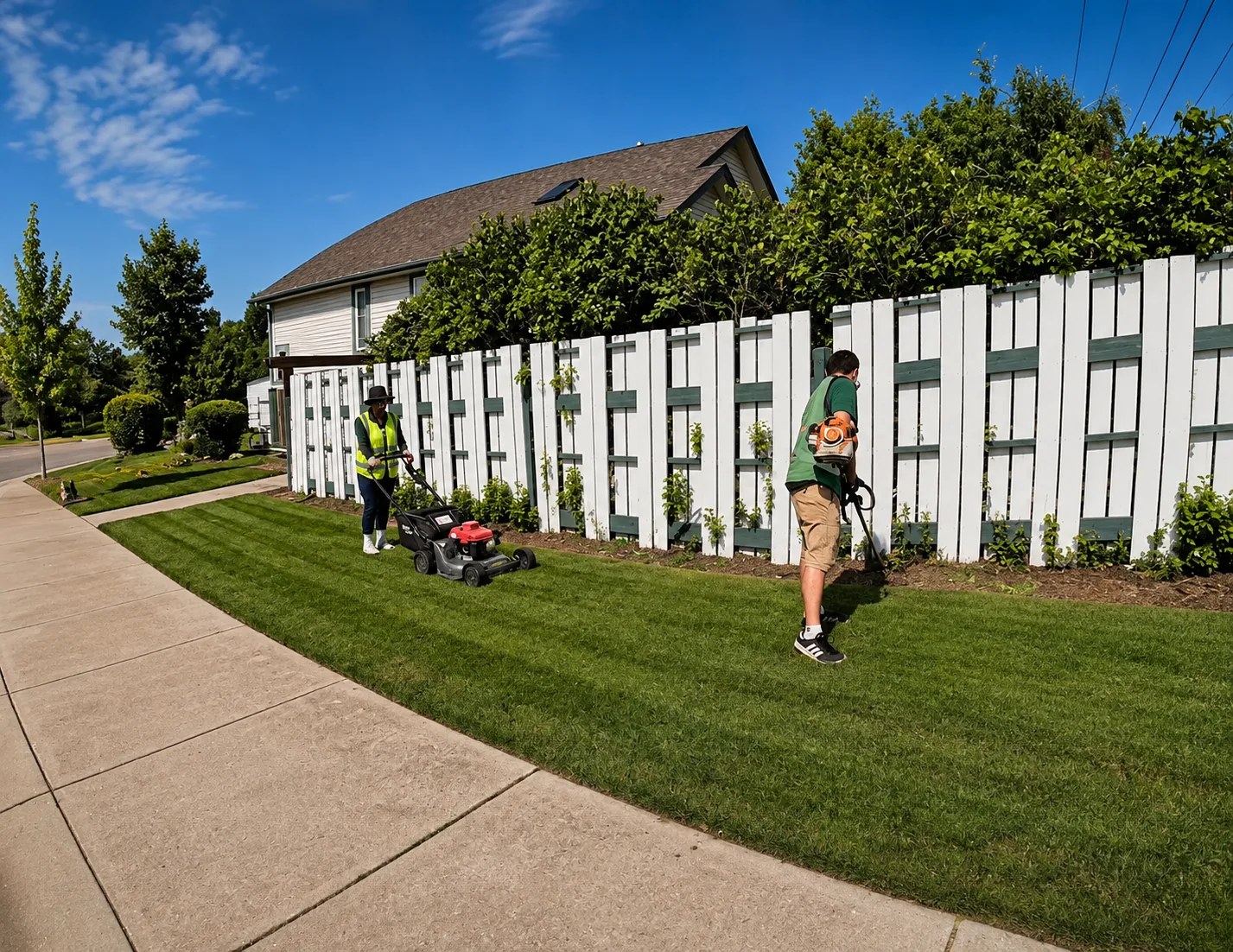 Somerset crew maintaining a Calgary lawn as part of seasonal lawn maintenance
